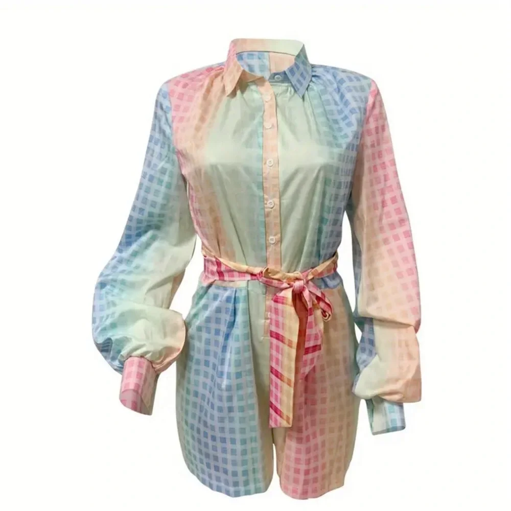 Passion Shirt Collar Colorful Plaid Casual Jumpsuit - Picture 2 of 3